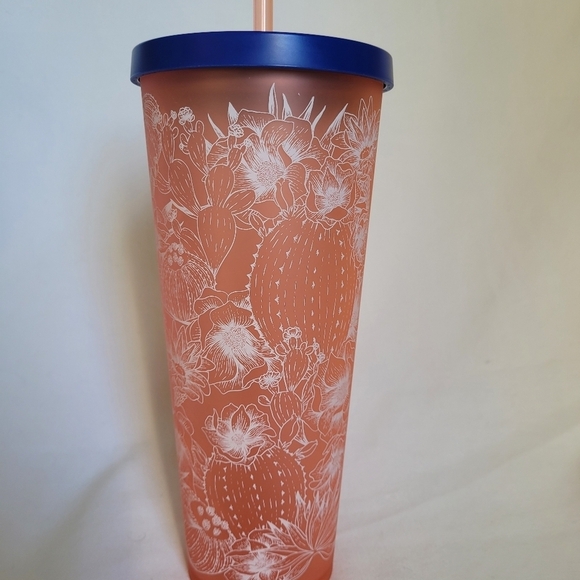 Starbucks Matte Coral  Pink Cactus Venti 24 Oz Tumbler w/ Straw Travel Cup RARE - Picture 2 of 12